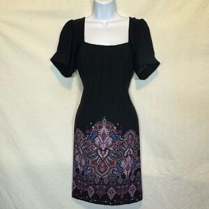 F-104 Ice Black & Colorful Print Pleated Short Sleeve MIDI Dress Size‎ 10